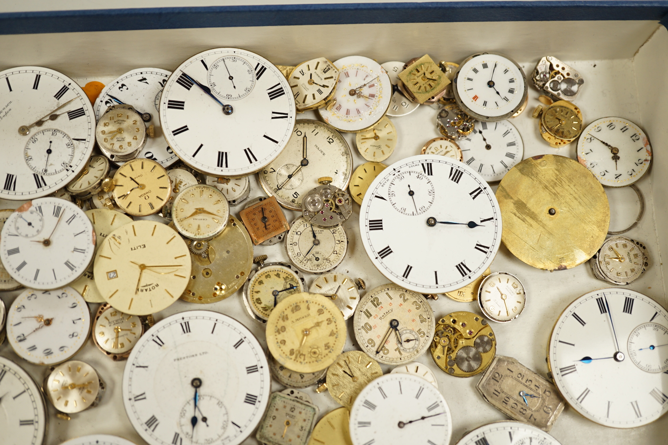 A group of assorted wrist watch pocket watch movements.